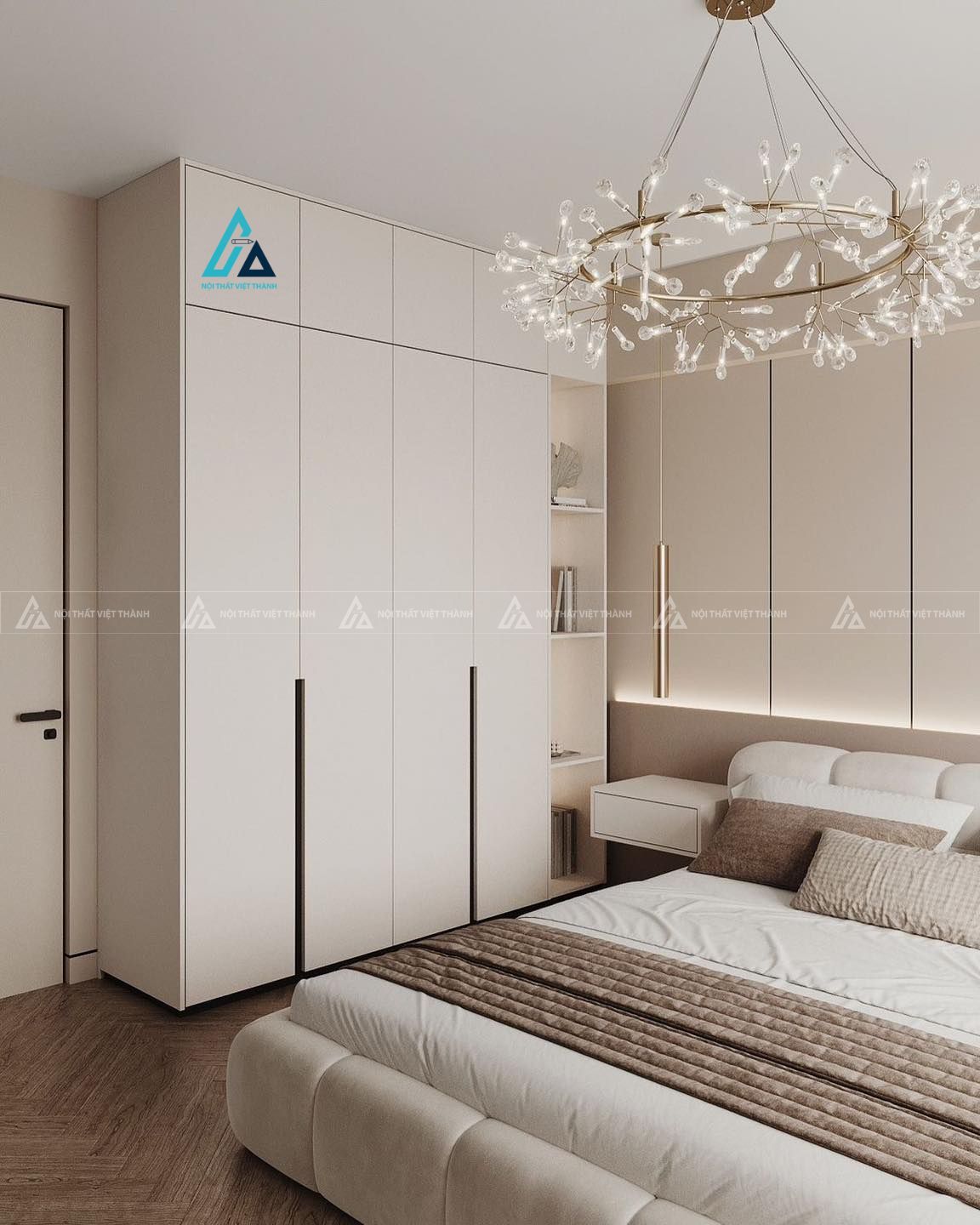 Mẫu thiết kế tủ quần áo gỗ công nghiệp trắng kết hợp kệ trang trí