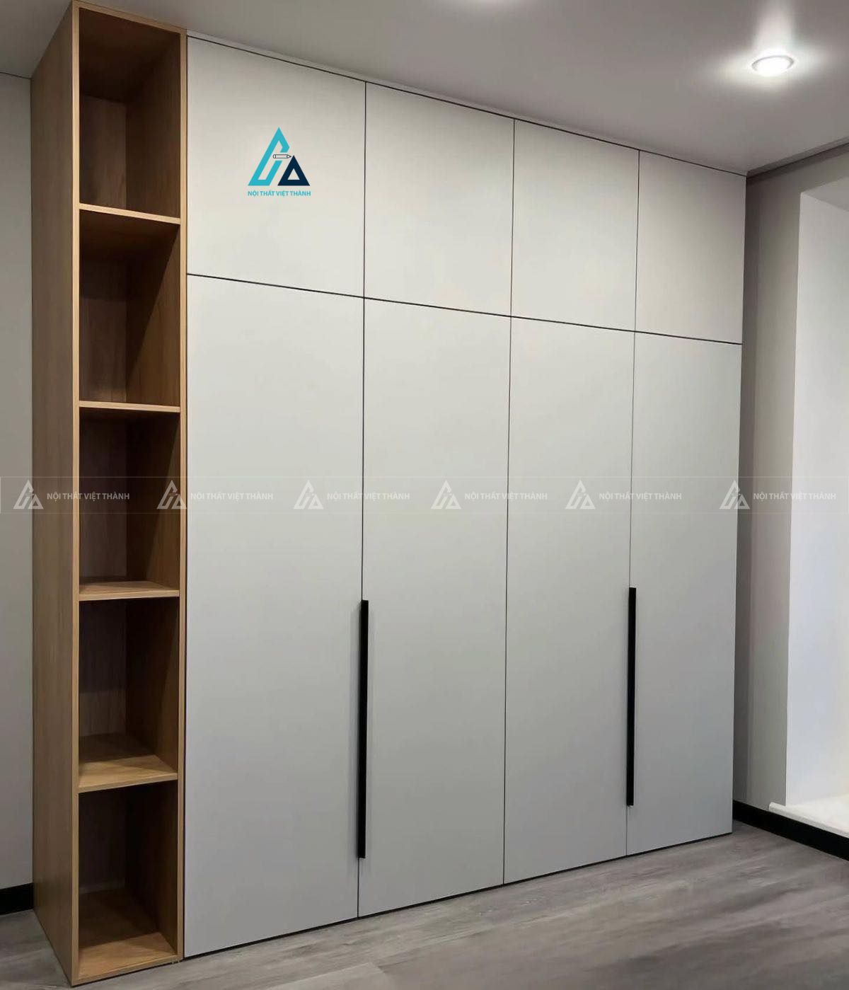Mẫu thiết kế tủ quần áo gỗ công nghiệp trắng nâu có ô kệ rời bên ngoài