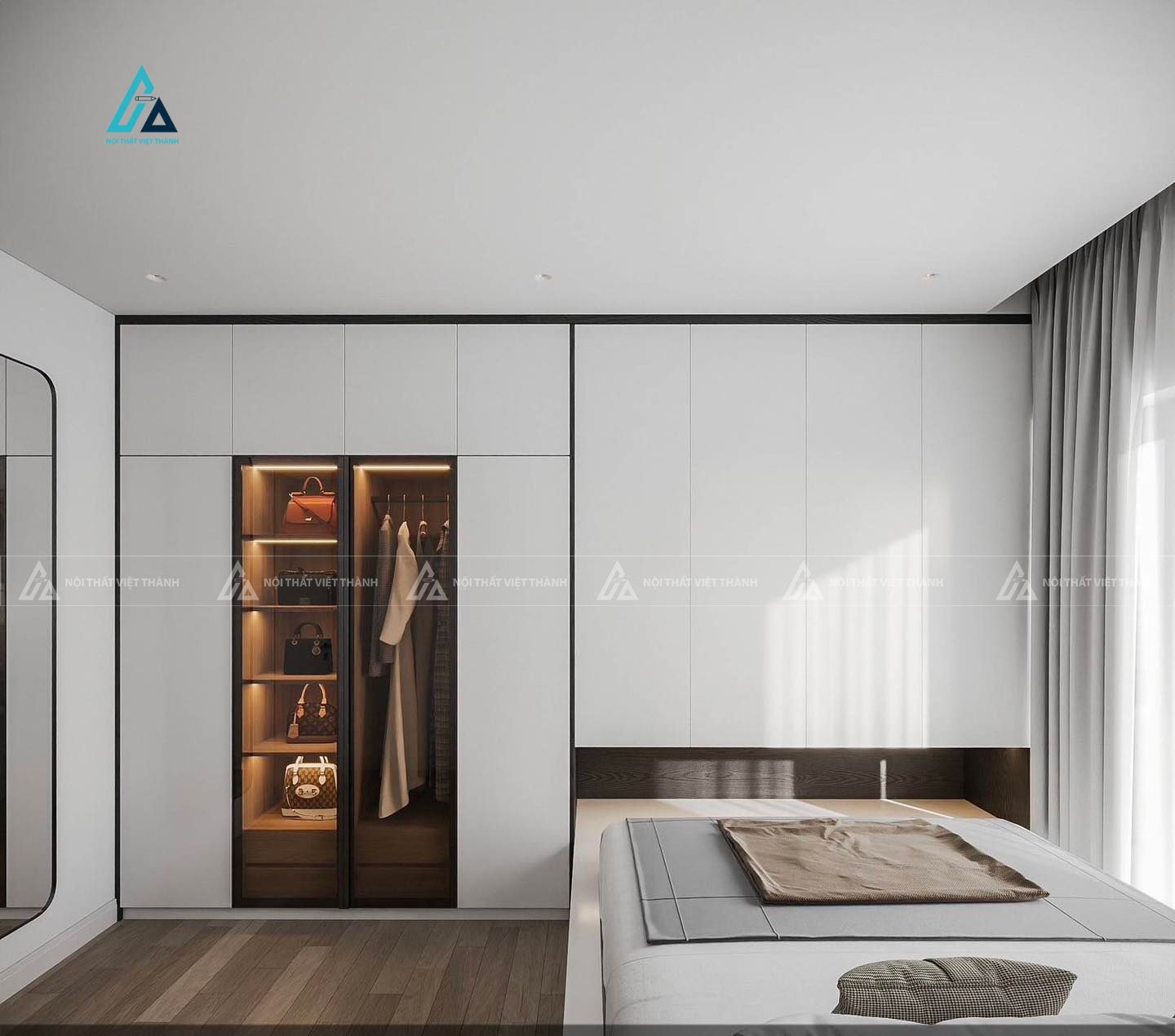 Mẫu thiết kế tủ quần áo gỗ công nghiệp trắng phối cánh kính