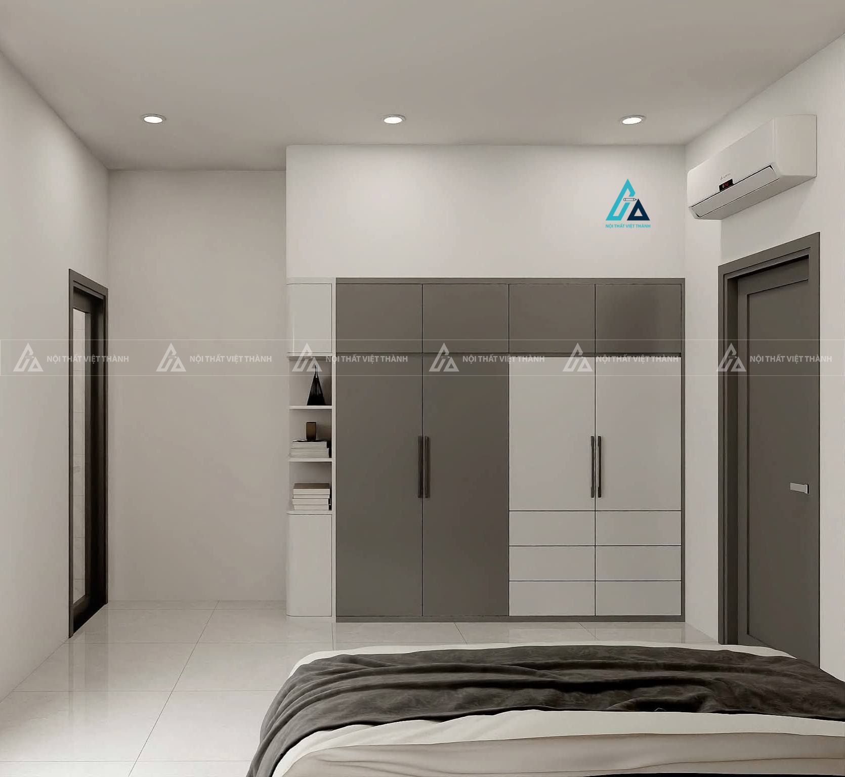 Mẫu thiết kế tủ quần áo gỗ công nghiệp xám trắng kết hợp kệ trang trí