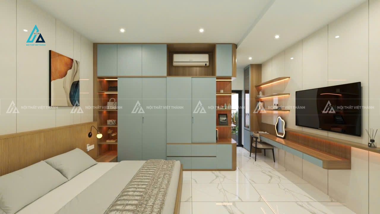 Mẫu thiết kế tủ quần áo gỗ công nghiệp xanh kết hợp kệ trang trí