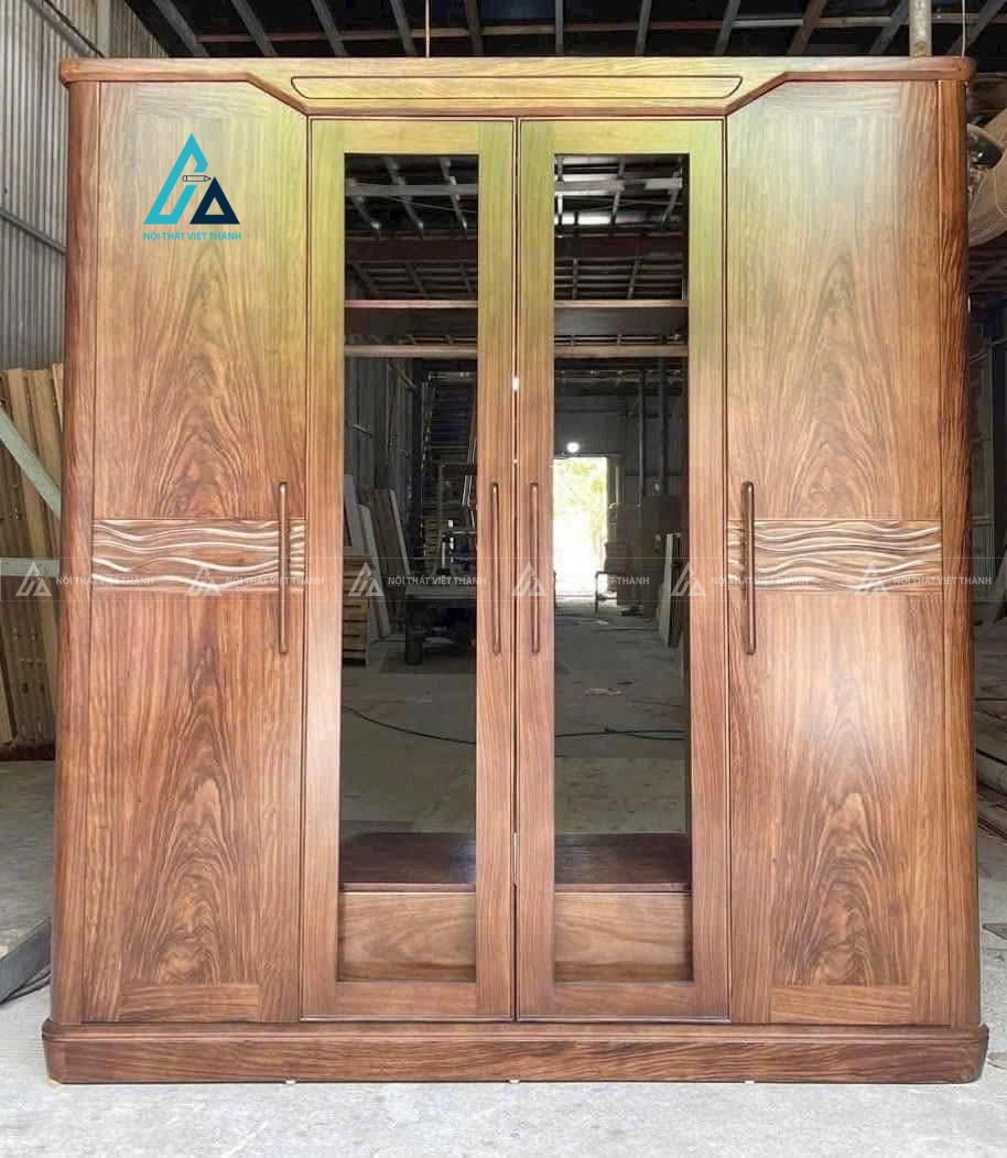 Mẫu thiết kế tủ quần áo gỗ tự nhiên nau phối kính