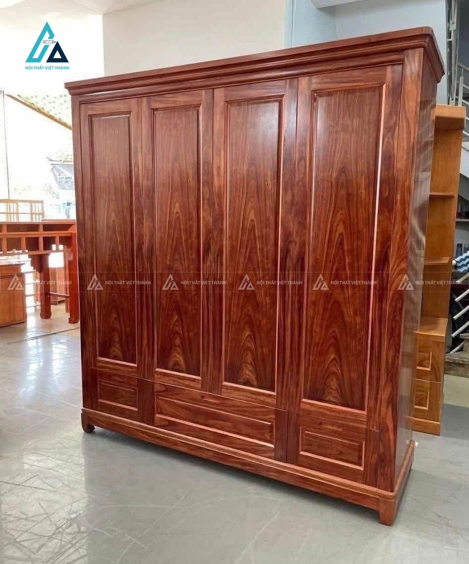 Mẫu thiết kế tủ quần áo gỗ tự nhiên nâu đỏ 4 cánh