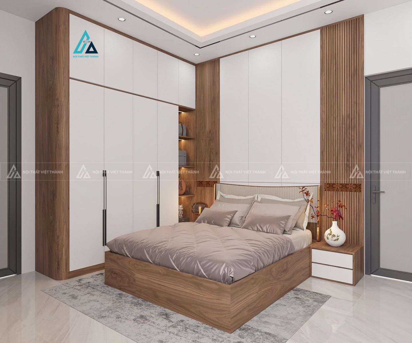 Mẫu thiết kế tủ quần áo trắng nâu phối kệ trang trí