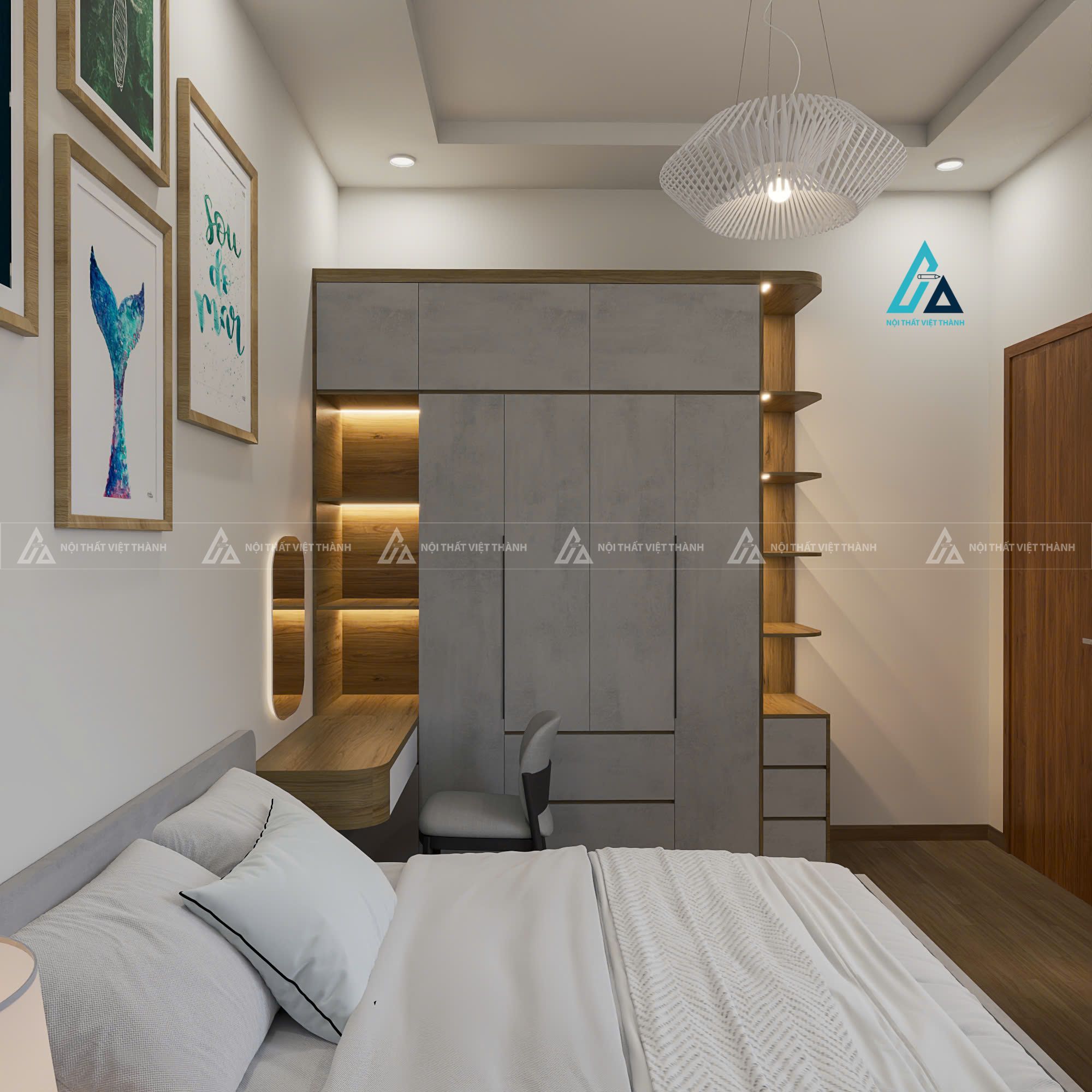 Mẫu thiết kế tủ quần áo xám kết hợp bàn trang điểm