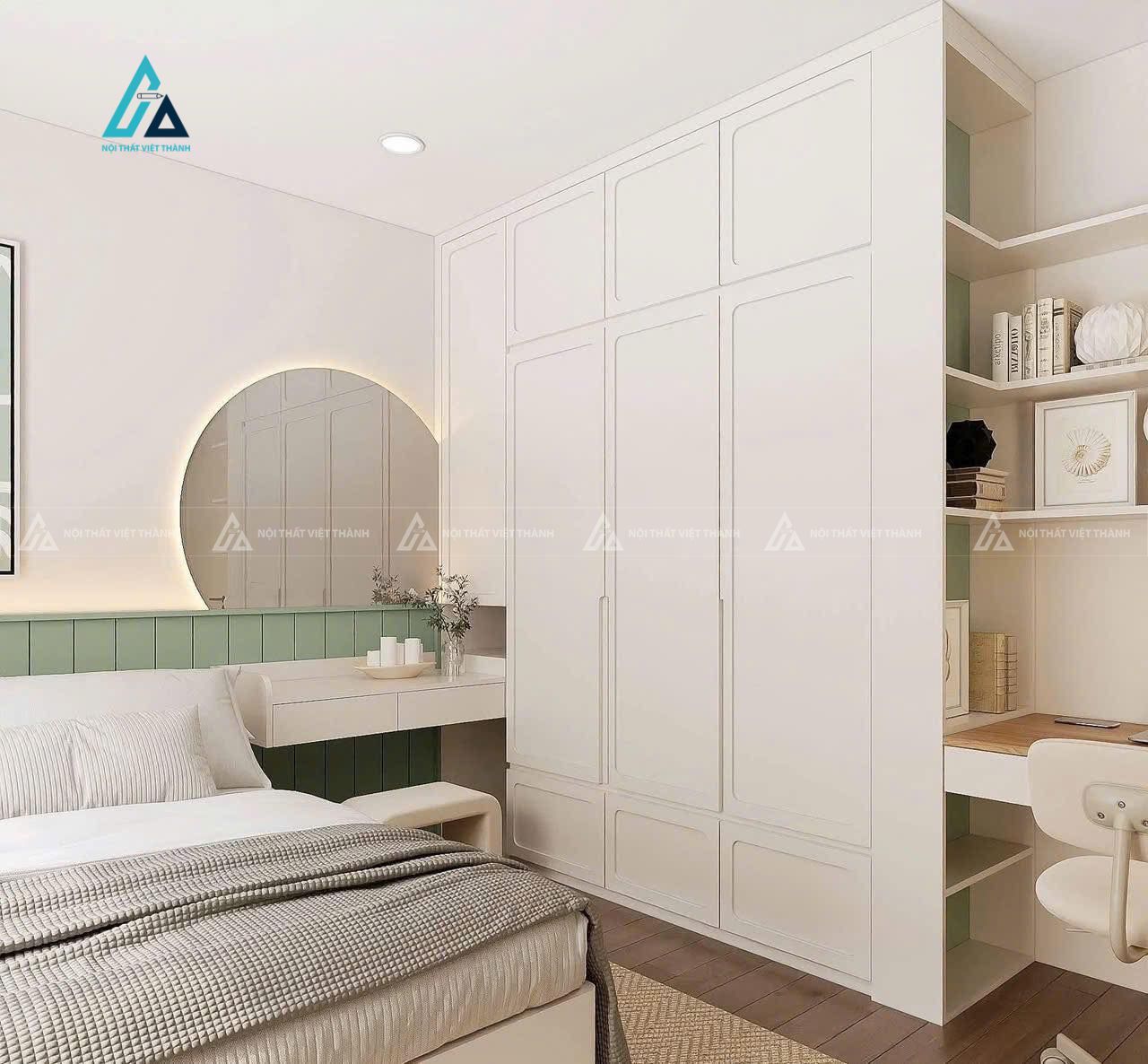 Mẫu thiết kế tủ quần áo kết hợp bàn trang điểm và bàn học