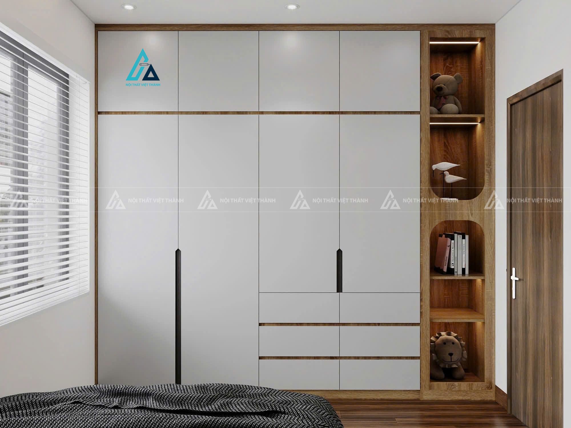 Mẫu thiết kế tủ quần áo trắng nâu kịch trần kết hợp kệ sách