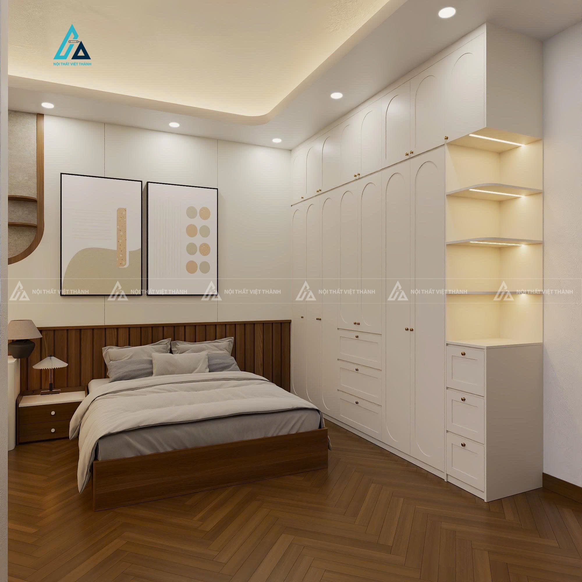 Mẫu thiết kế tủ quần áo trắng kèm kệ trang trí