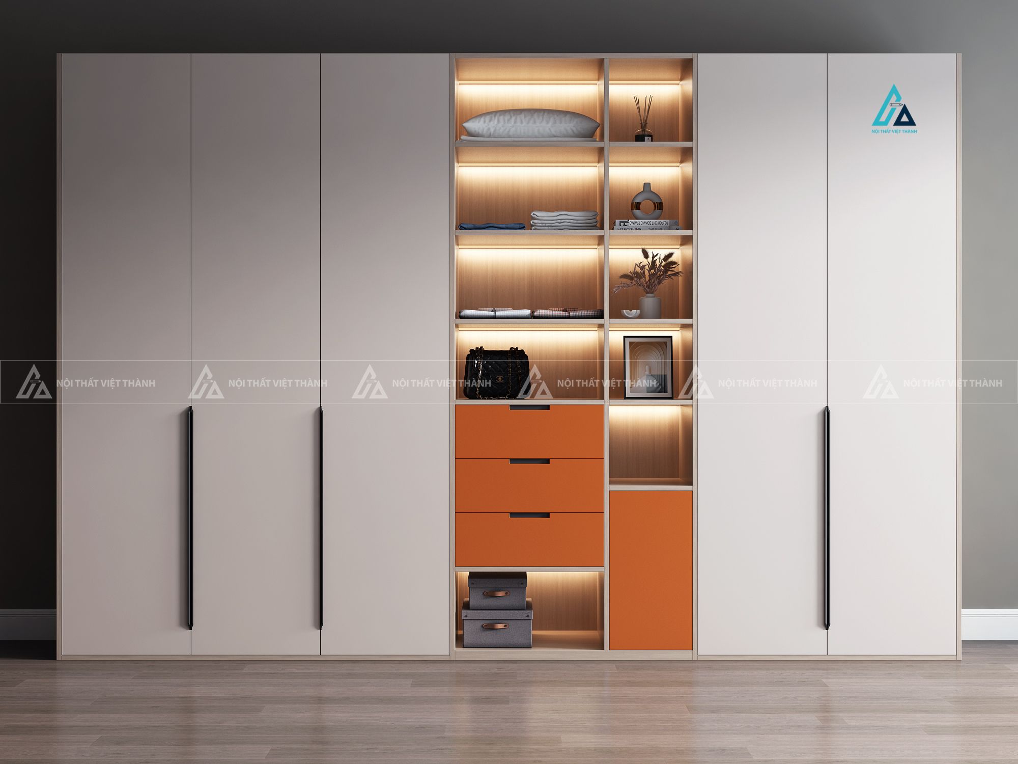 Mẫu thiết kế tủ quần áo trắng kịch trần phối kệ trang trí