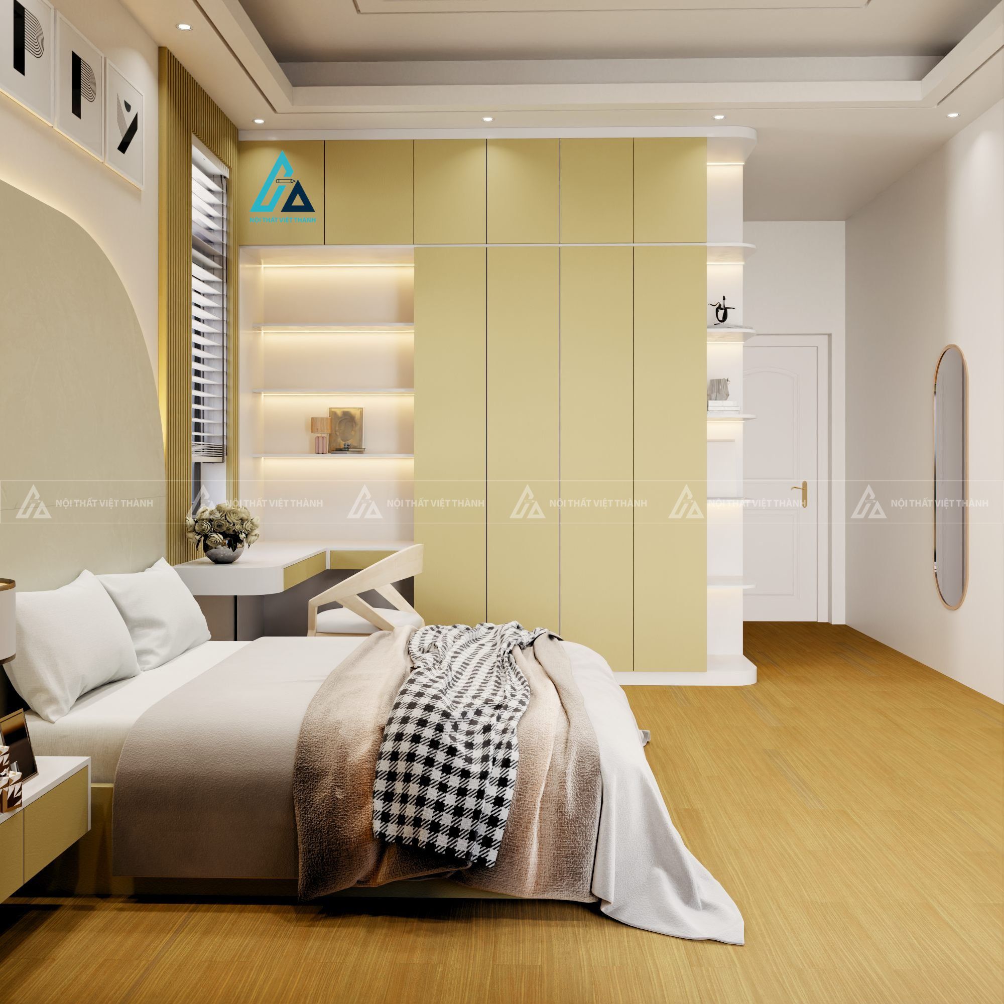 Mẫu thiết kế tủ quần áo vàng kết hợp bàn trang điểm chữ L