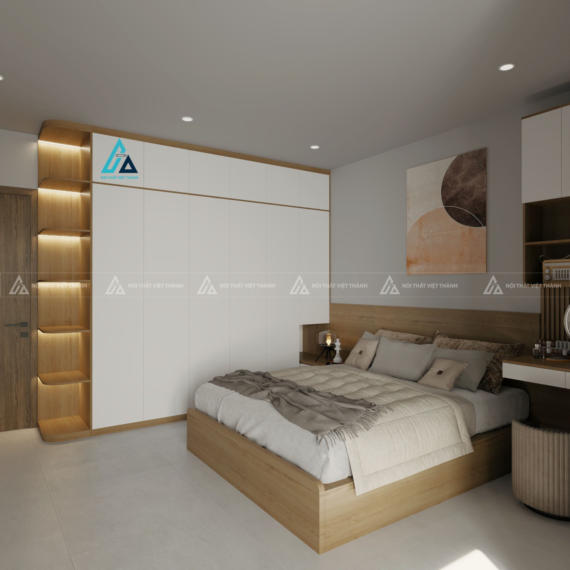 Mẫu thiết kế tủ quần áo trắng kết hợp đèn led