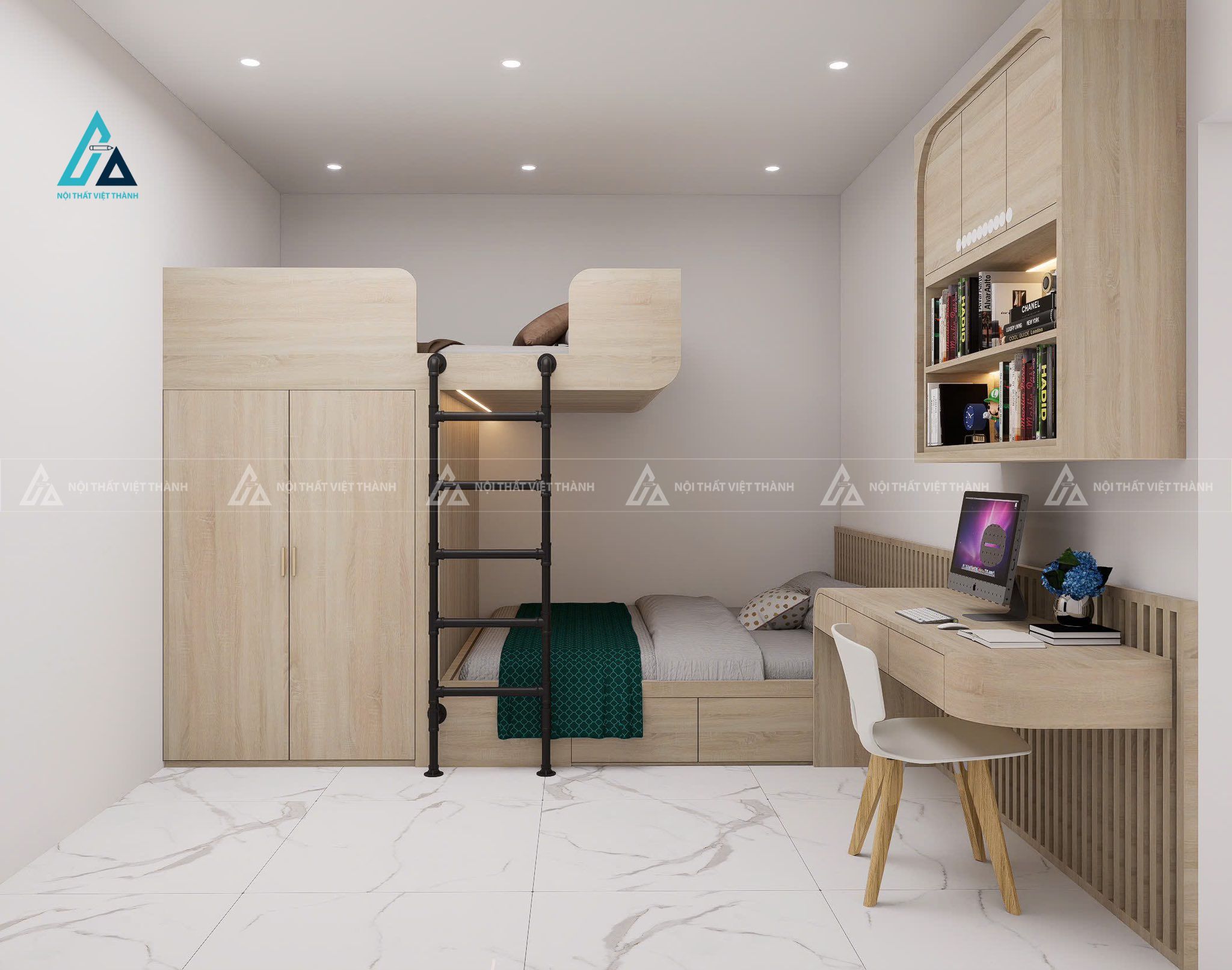 Mẫu thiết kế tủ quần áo trẻ em kết hợp dưới giường tầng