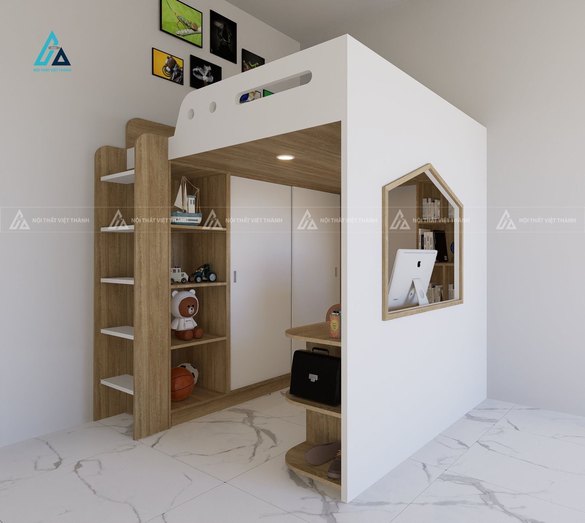 Mẫu thiết kế tủ quần áo trẻ em dưới giường tầng