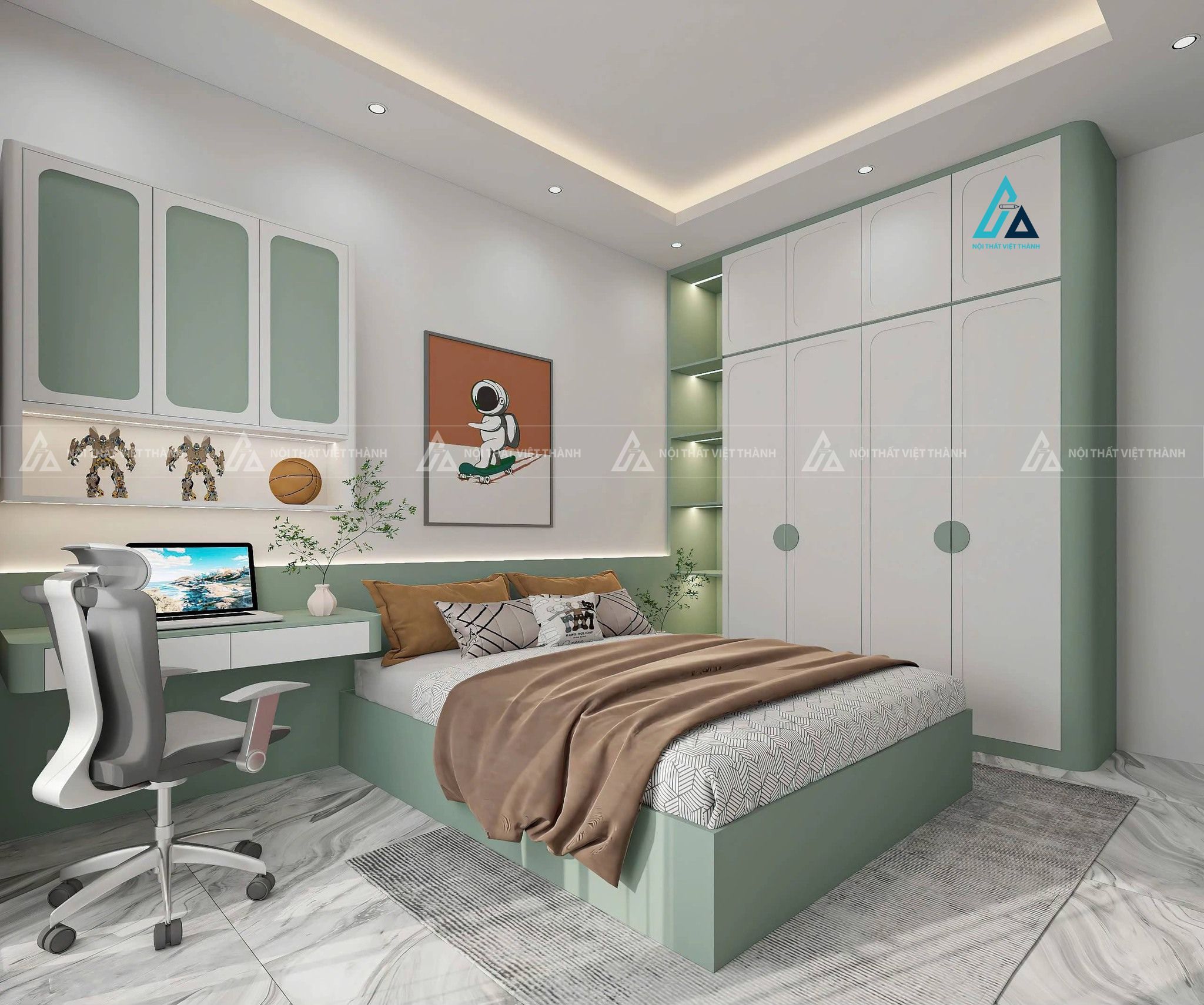 Mẫu thiết kế tủ quần áo trẻ em trắng xanh kết hợp kệ trang trí