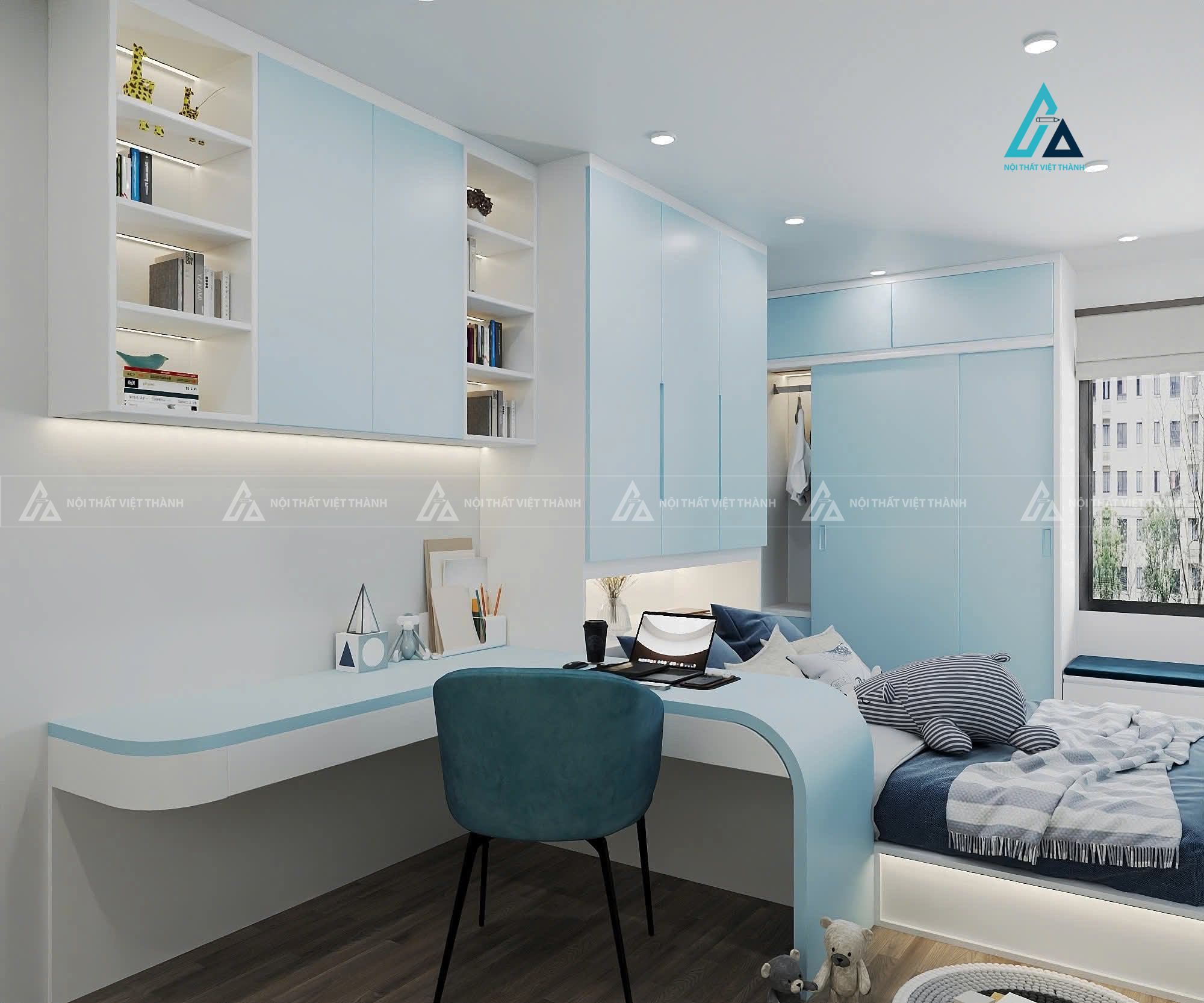 Mẫu thiết kế tủ quần áo trẻ em xanh cửa lùa