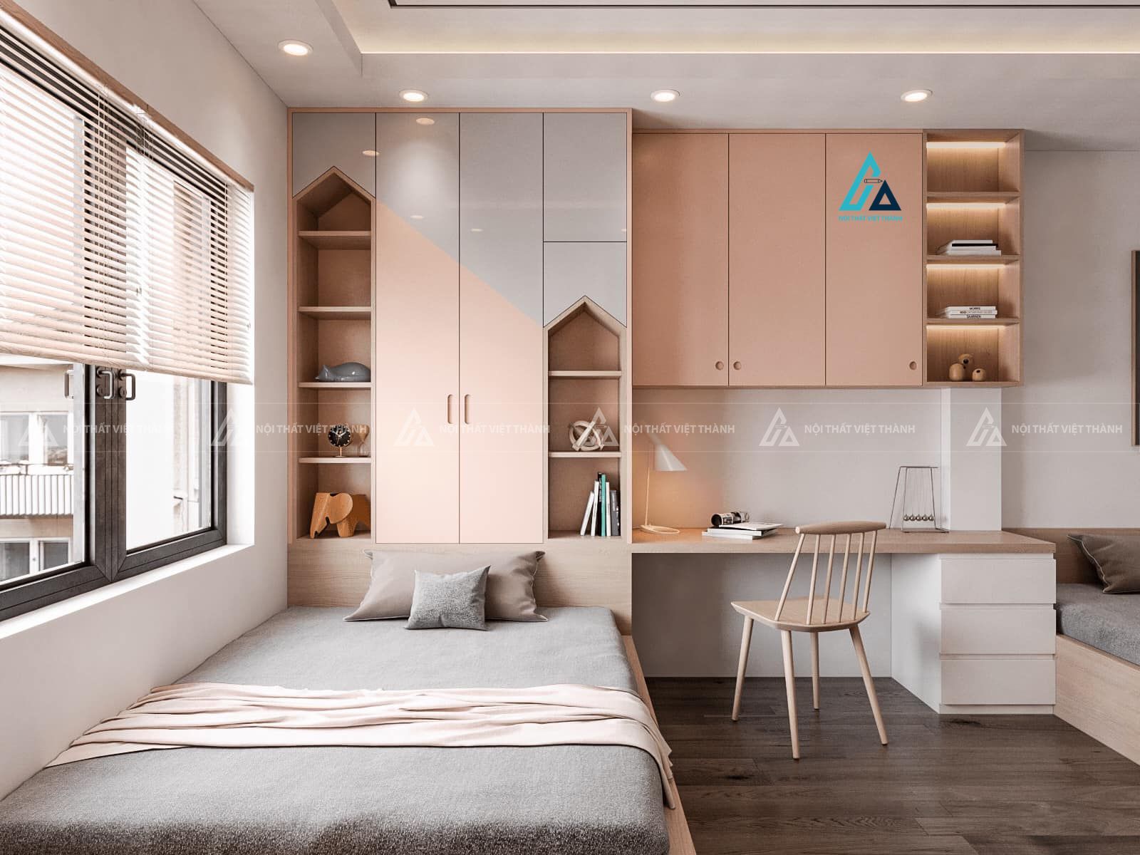 Mẫu thiết kế tủ quần áo trẻ em kết hợp kệ trang trí