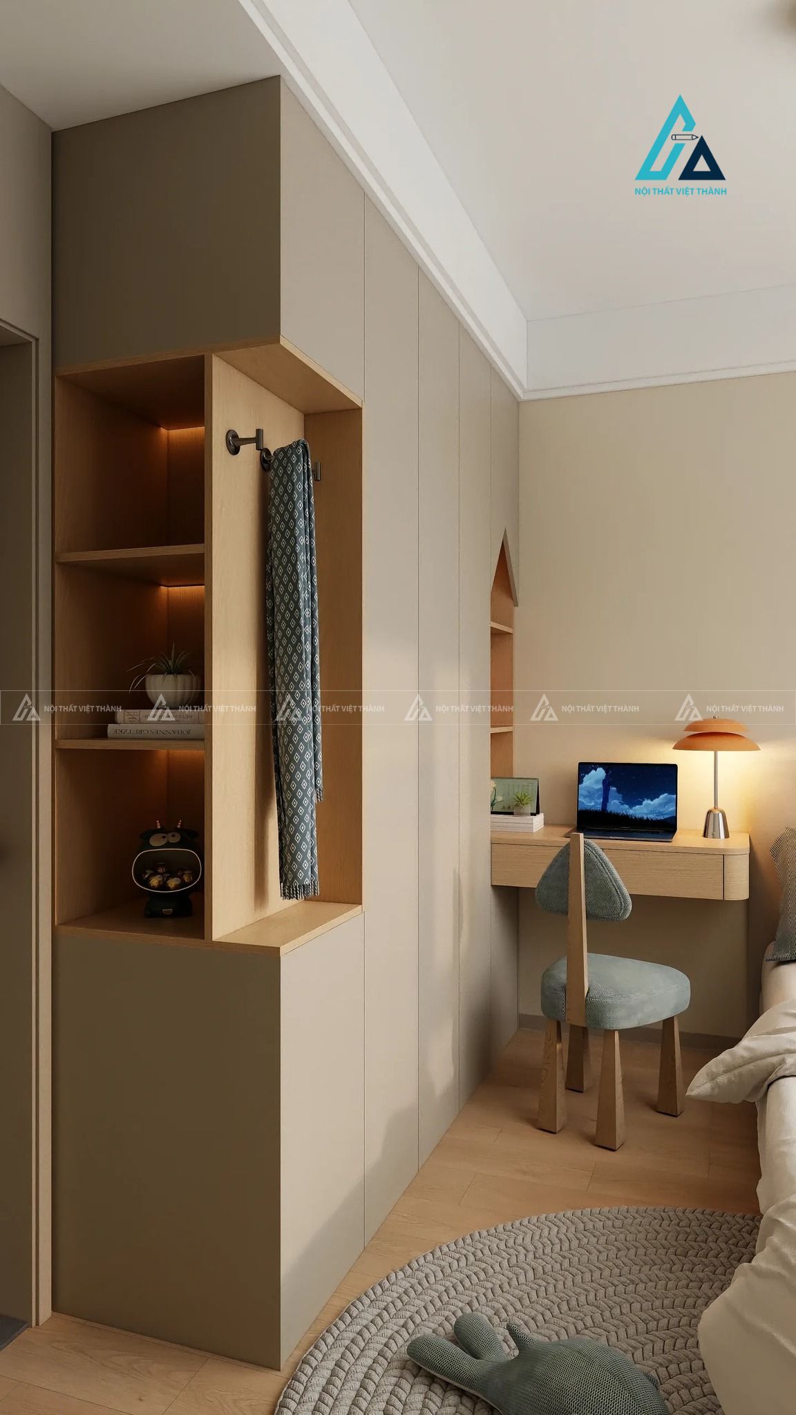 Mẫu thiết kế tủ quần áo trẻ em kết hợp bàn học
