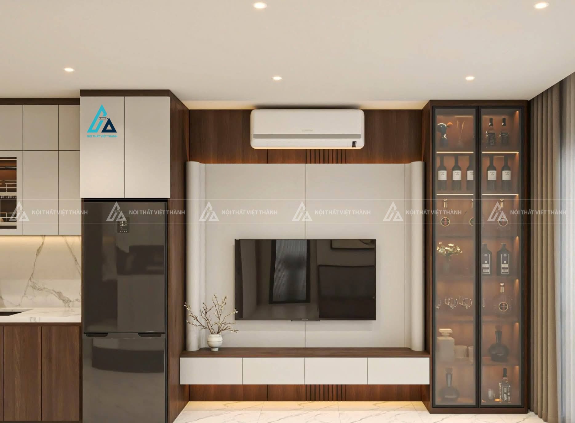 Mẫu thiết kế tủ rượu gỗ công nghiệp cửa kính mờ