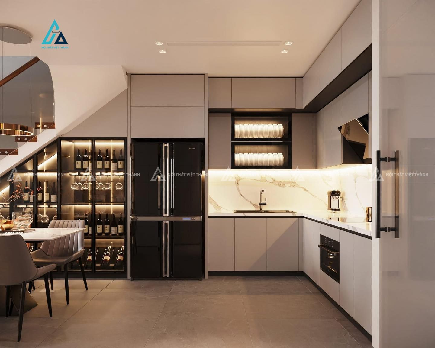 Mẫu thiết kế tủ rượu dưới chân cầu thang có đèn led