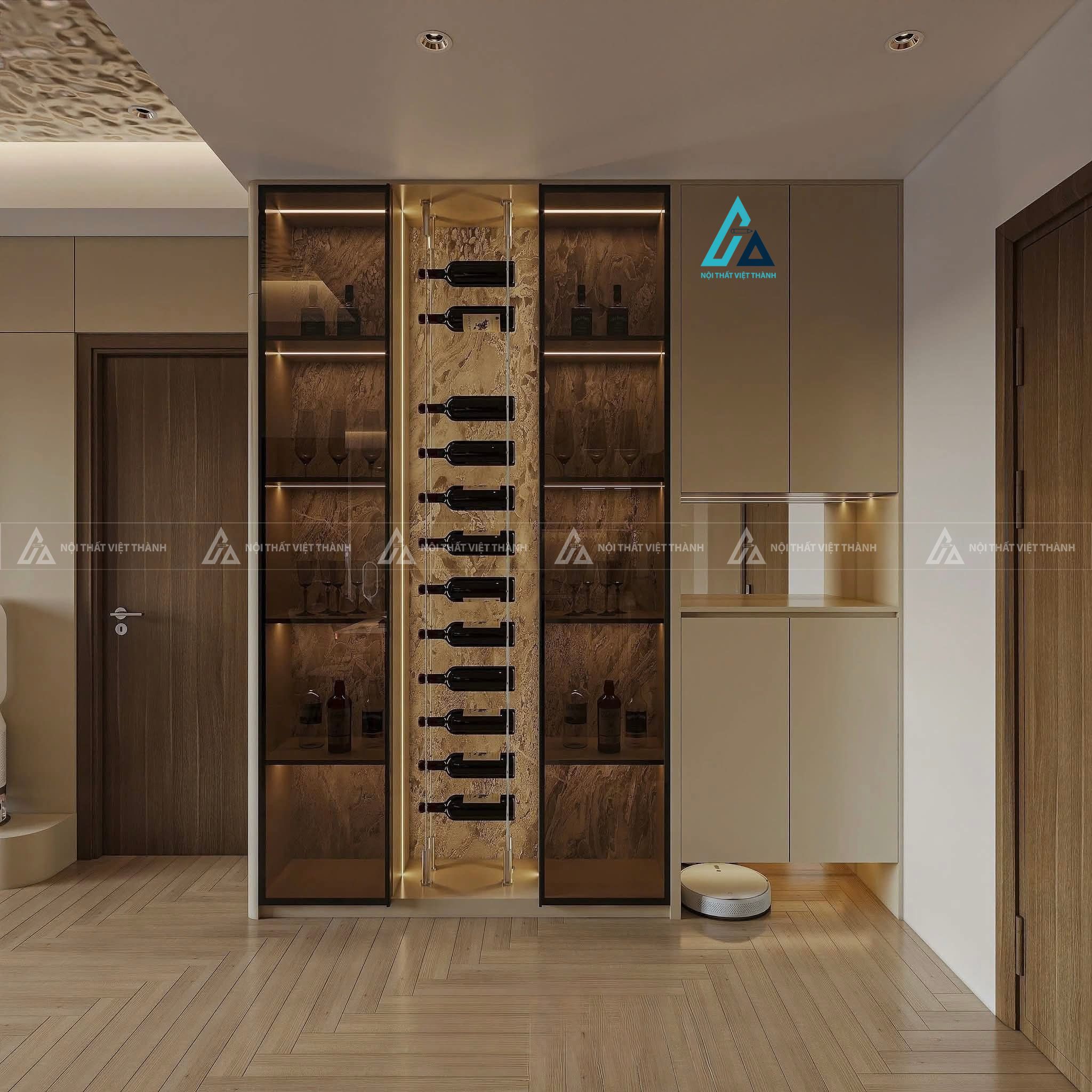 Mẫu thiết kế tủ rượu 3 ngăn cửa kính kịch trần