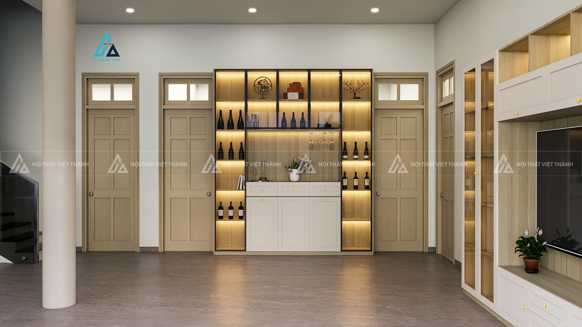 Mẫu thiết kế tủ rượu gỗ công nghiệp vàng trắng cửa kính có đèn led