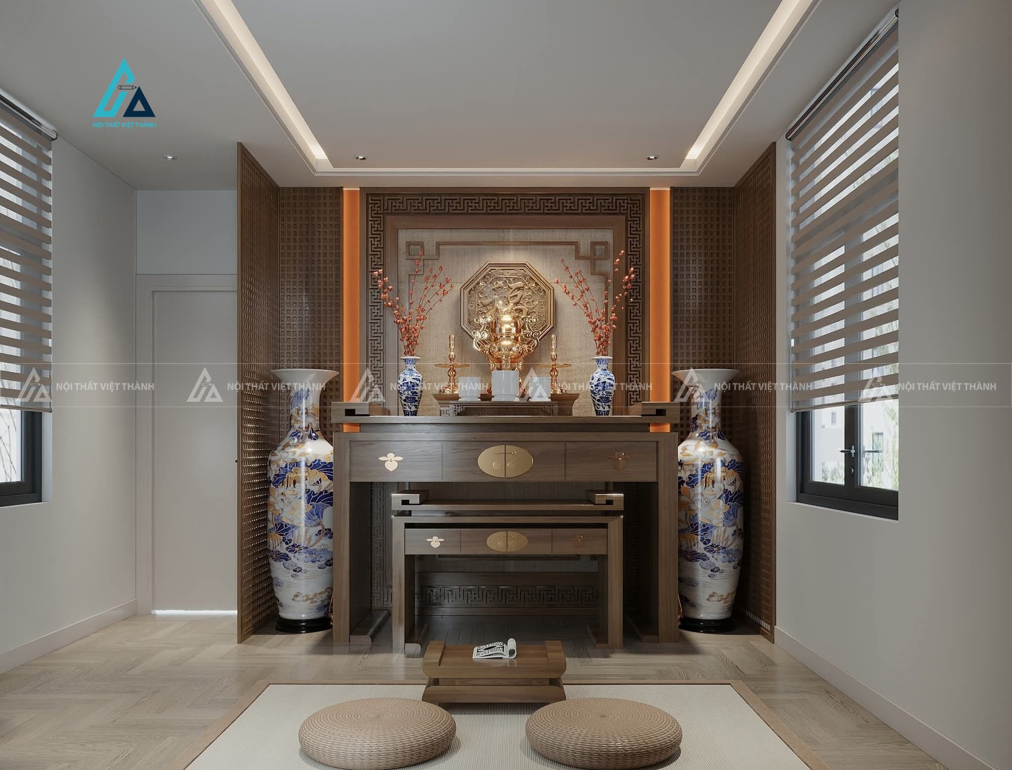 Mẫu thiết kế vách ngăn phòng thờ gỗ tối giản