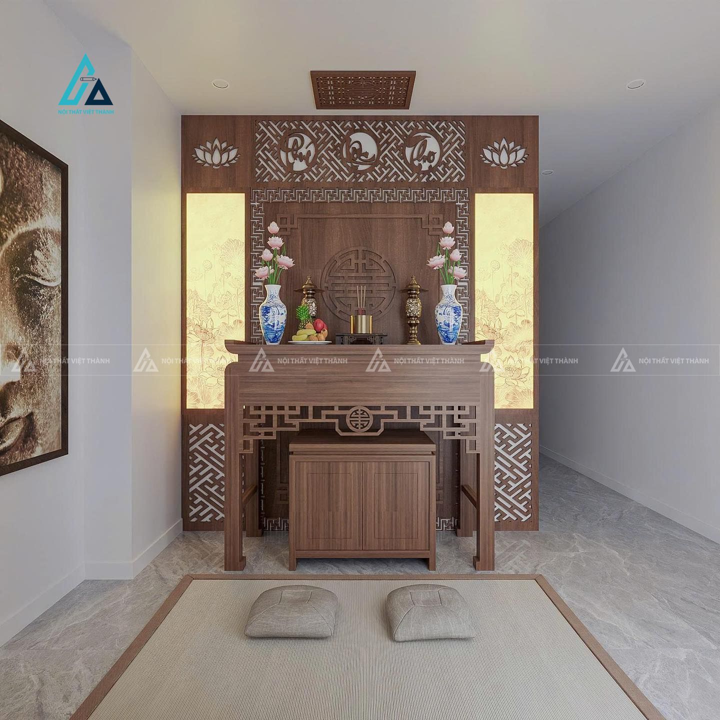 Mẫu thiết kế vách ngăn phòng thờ phối đèn led