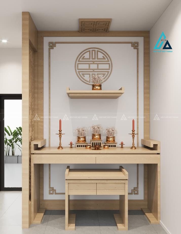 Mẫu thiết kế vách ngăn phòng thờ gỗ be kịch trần