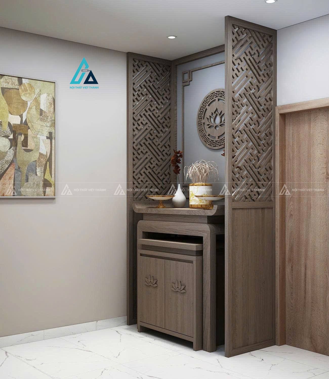 Mẫu thiết kế vách ngăn phòng thờ gỗ xám vách CNC
