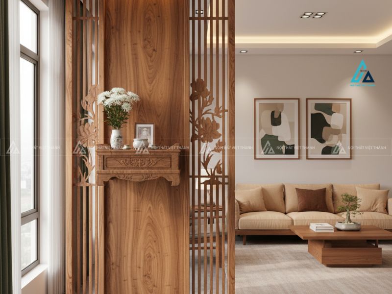 Mẫu thiết kế vách ngăn phòng thờ gỗ nâu dọc dài bông hoa