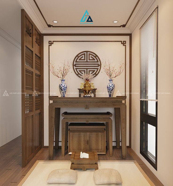 Mẫu thiết kế vách ngăn phòng thờ gỗ nâu kịch trần