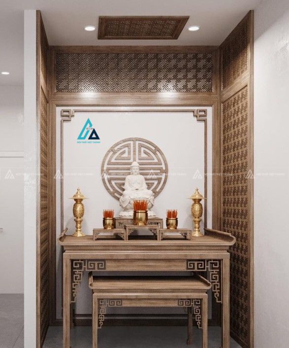 Mẫu thiết kế vách ngăn phòng thờ gỗ vàng 3 góc kịch trần