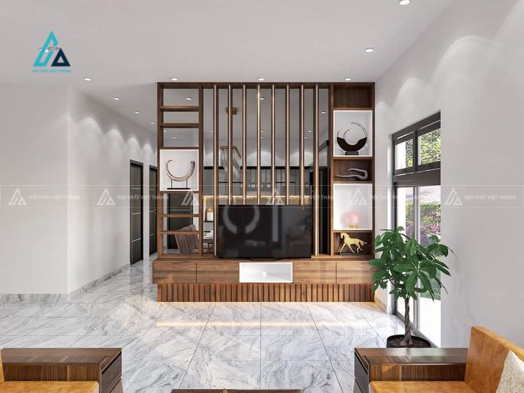 Mẫu thiết kế vách trang trí gỗ công nghiệp kết hợp làm kệ tivi