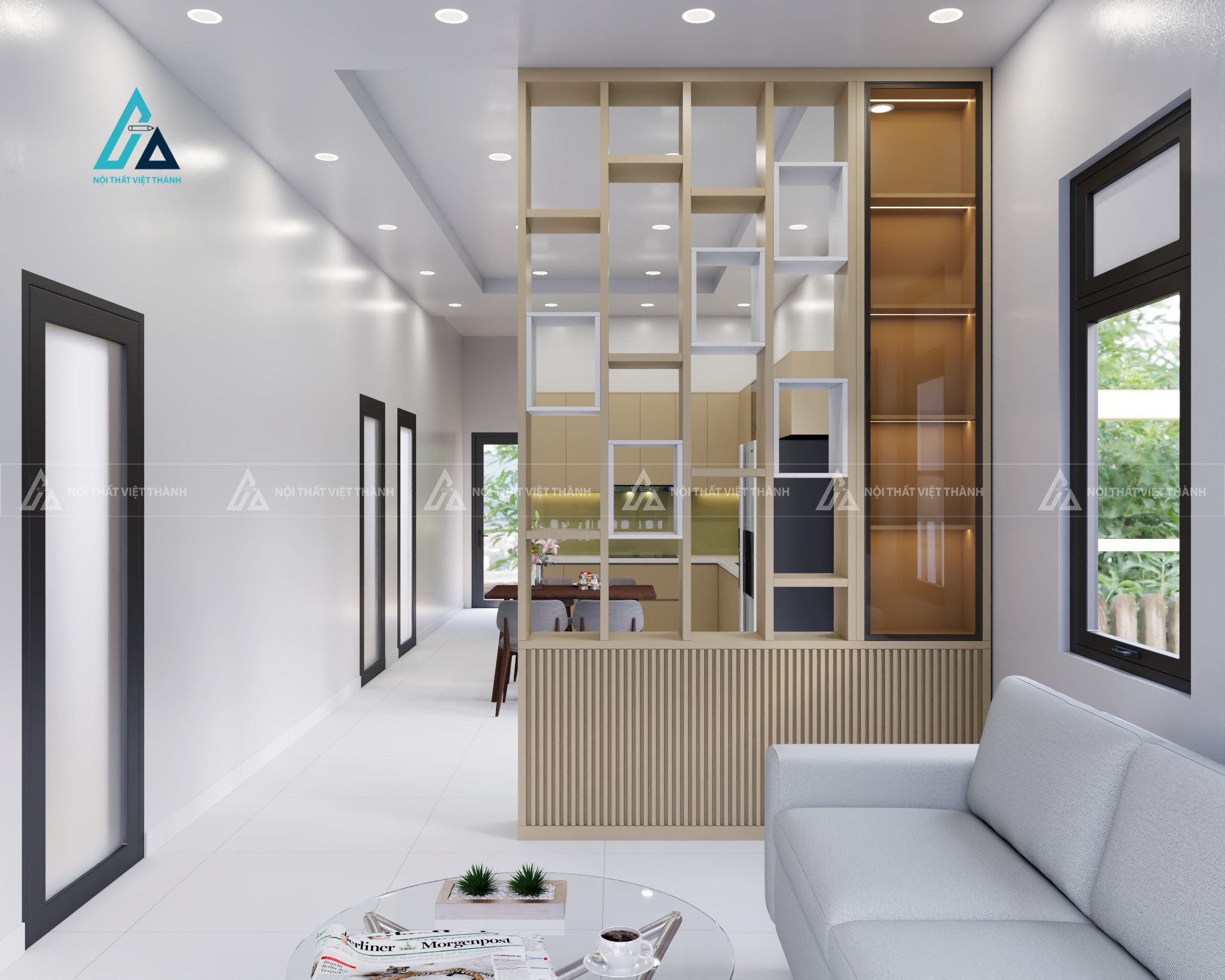 Mẫu thiết kế vách trang trí gỗ công nghiệp be có tủ kính