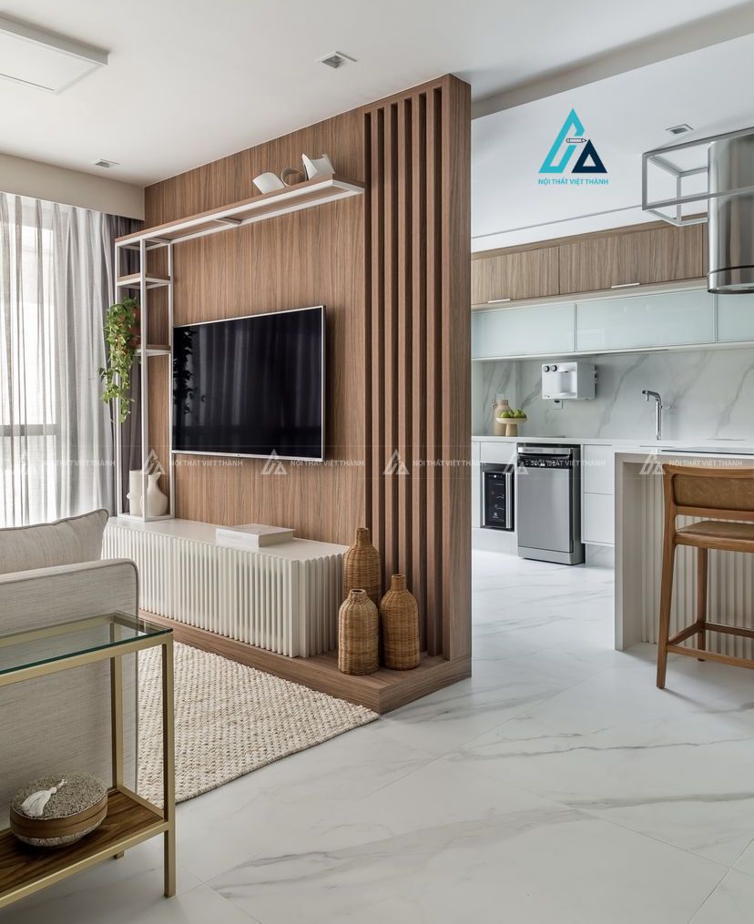 Mẫu thiết kế vách trang trí gỗ công nghiệp nâu kèm kệ tivi