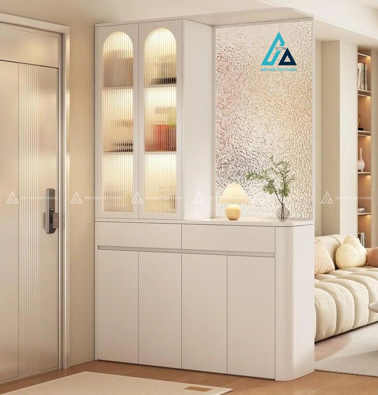 Mẫu thiết kế vách trang trí trắng phối kính