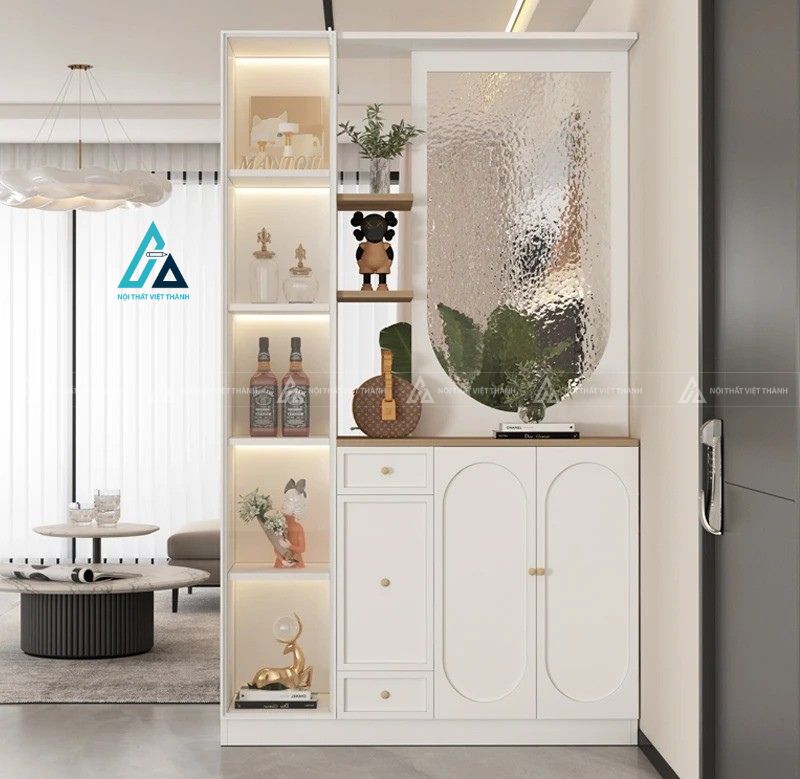 Mẫu thiết kế vách trang trí trắng kính mờ có tủ lưu trữ
