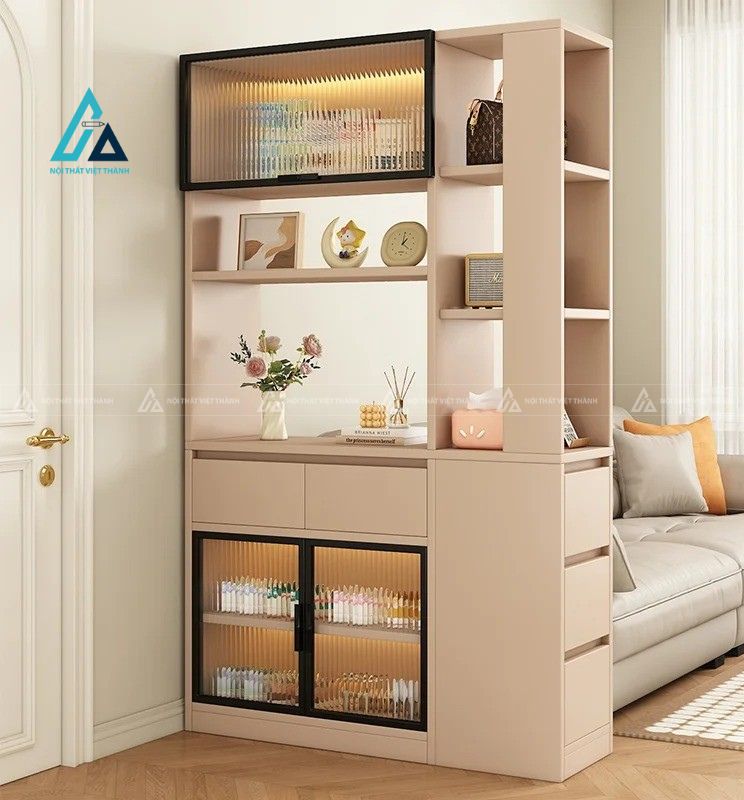 Mẫu thiết kế vách trang trí be kết hợp kệ giày