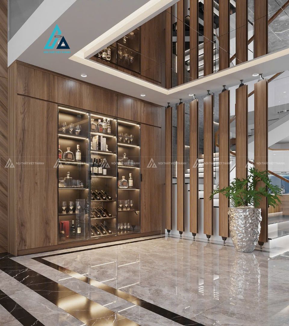 Mẫu thiết kế vách trang trí gỗ nâu sọc dọc kịch trần