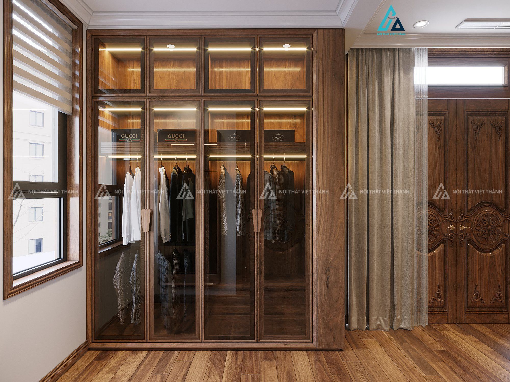 Mẫu tủ quần áo cánh kính gỗ nâu kịch trần có đèn led