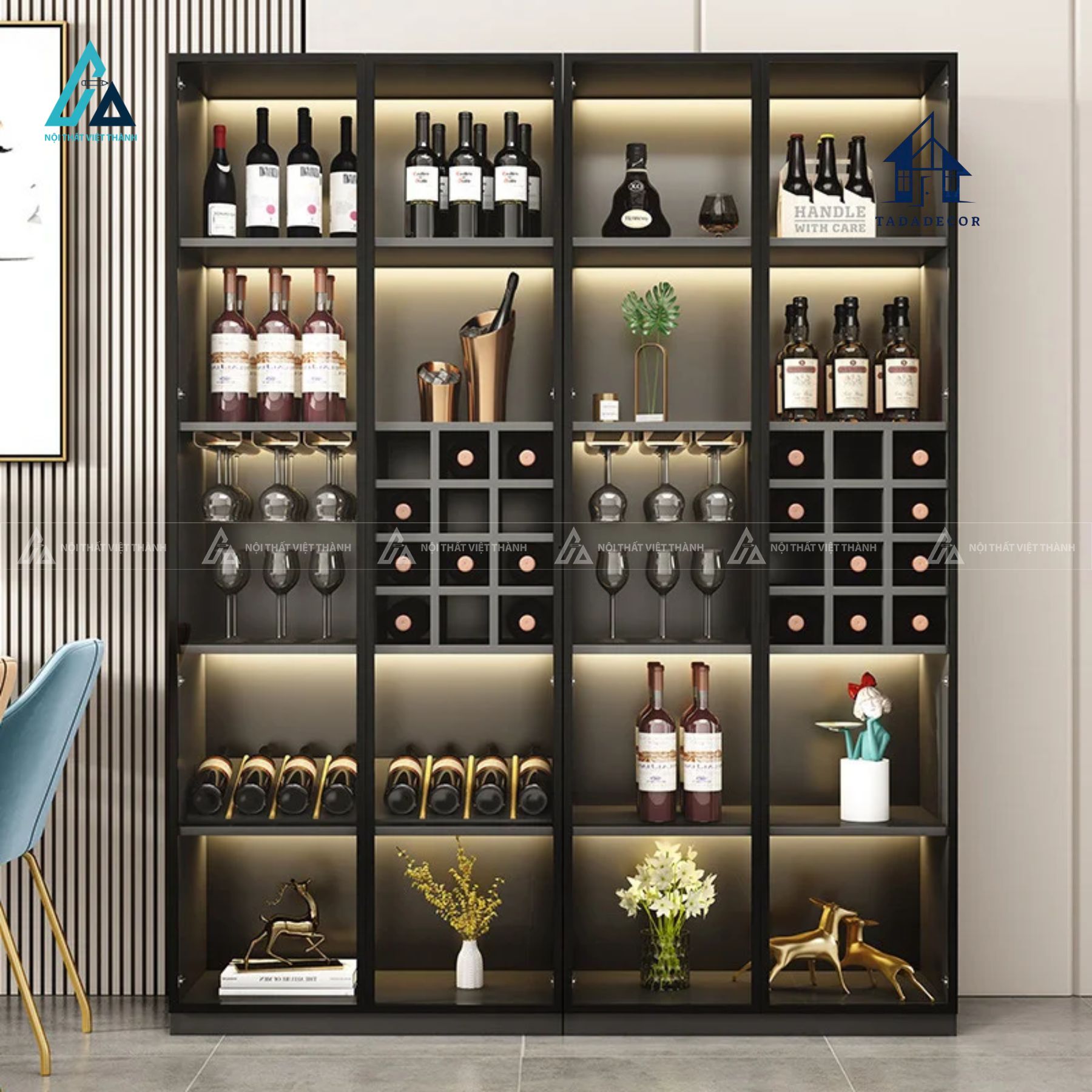 Tủ đựng rượu cánh kính đèn led kết hợp khay treo ly đa năng 1