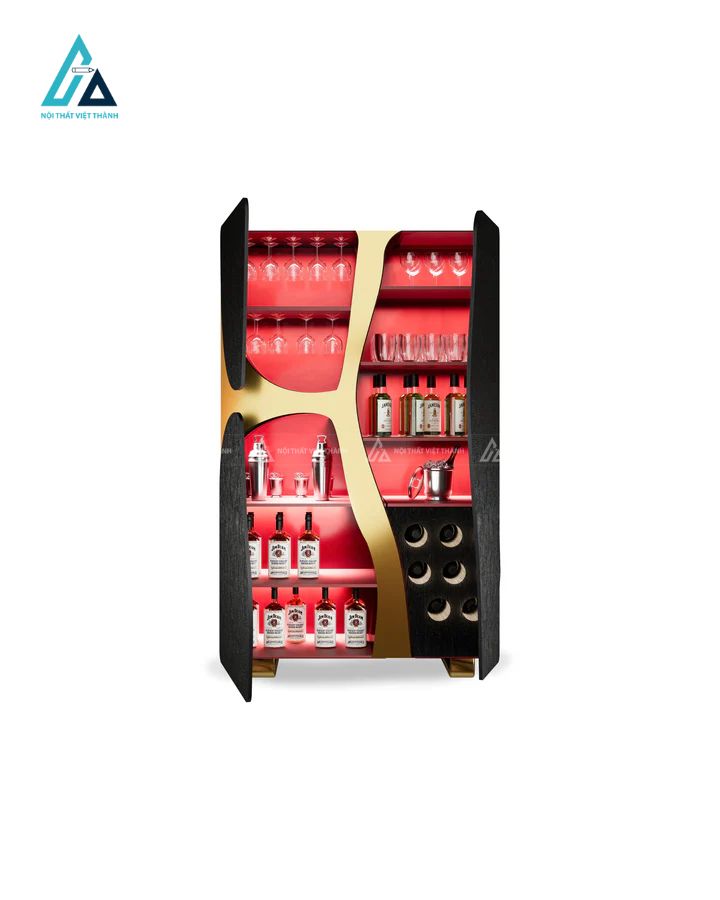 Tủ quầy bar dáng đứng lượn sóng tích hợp kệ ly và khay tròn