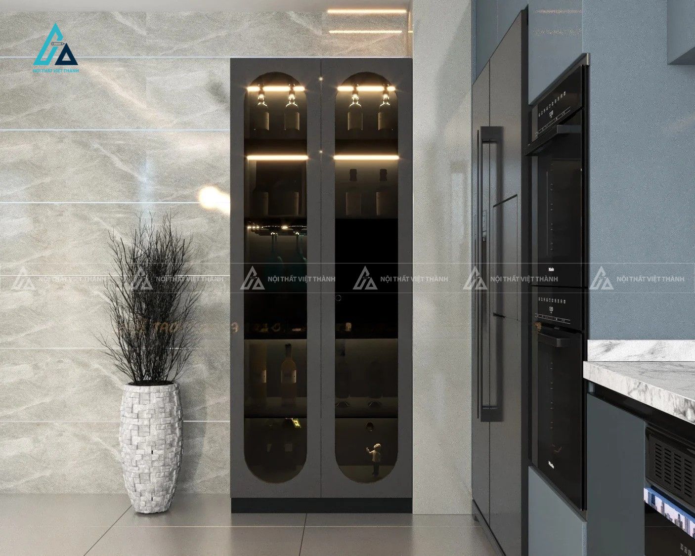 Tủ rượu thiết kế cửa bo góc hình vòm đối xứng tích hợp hệ đèn led 1