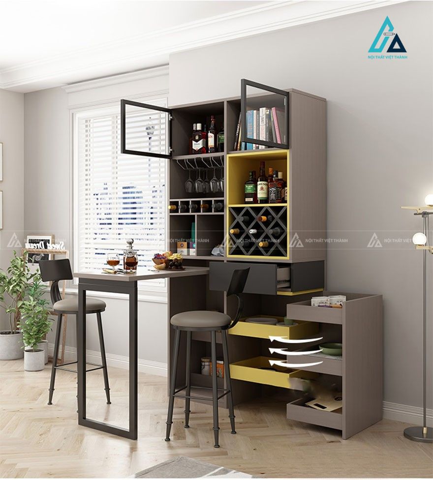 Tủ rượu thiết kế phân khu đối lưu tích hợp khay quả trám và kệ treo ly 1
