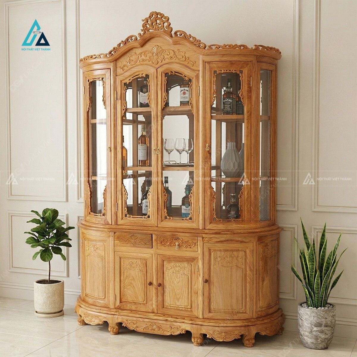 Tủ trưng bày cánh kính uốn cong tích hợp vương miện chạm trổ 1