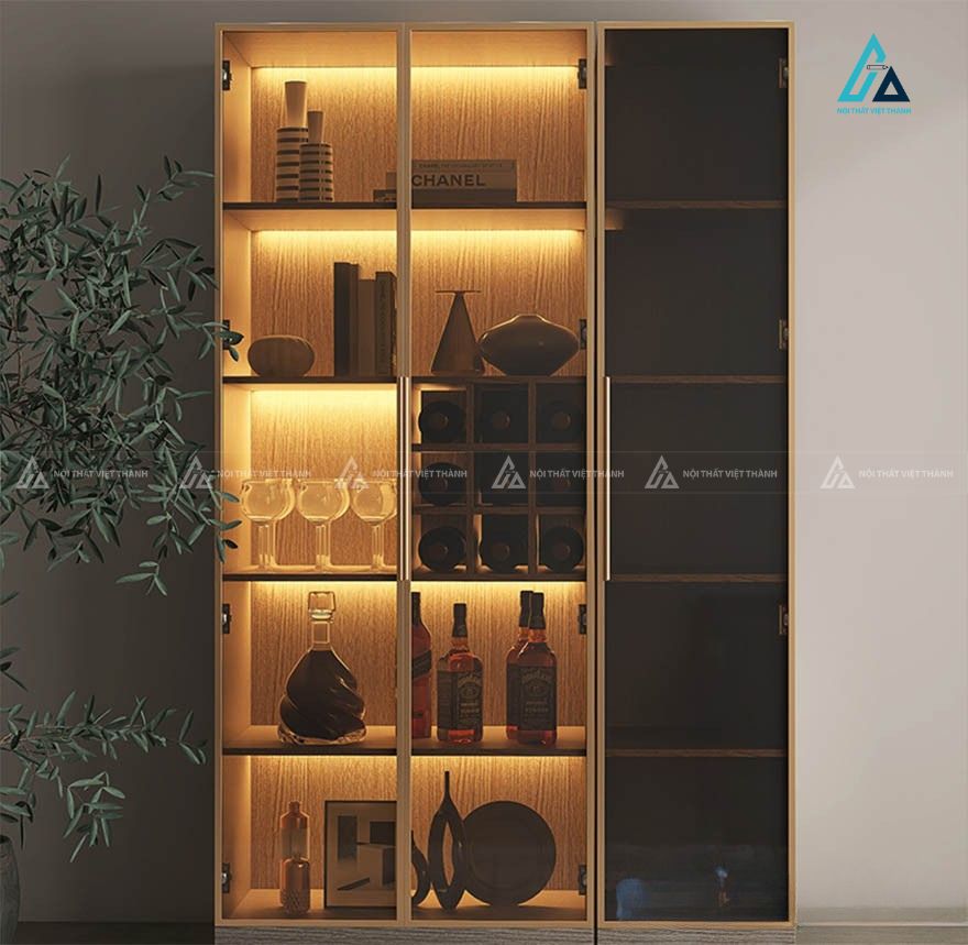 Tủ rượu cánh kính hệ hộc vuông xếp chai đối xứng đèn led 1