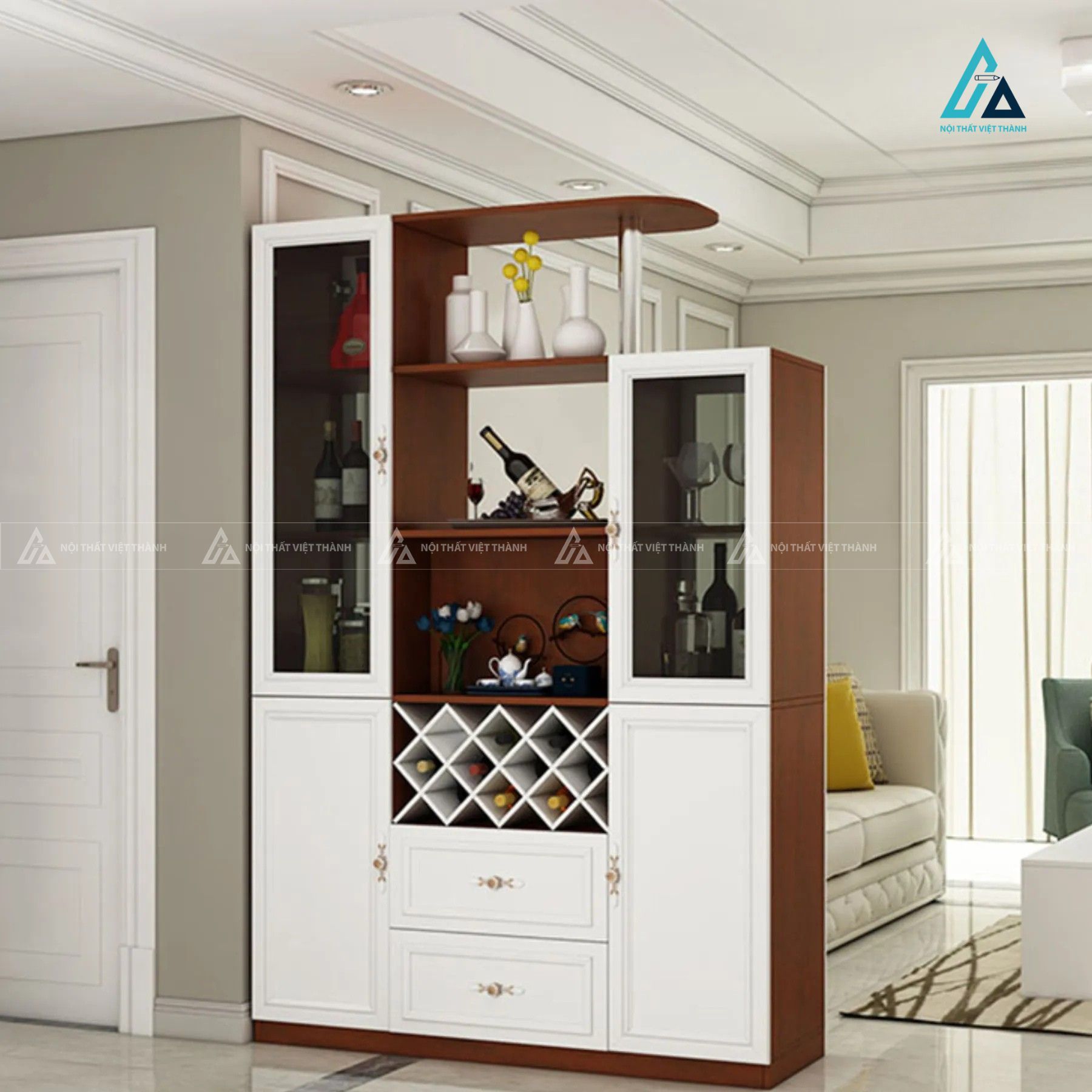Tủ rượu đa năng tích hợp kệ trang trí tạo vách ngăn phòng khách đẹp 1