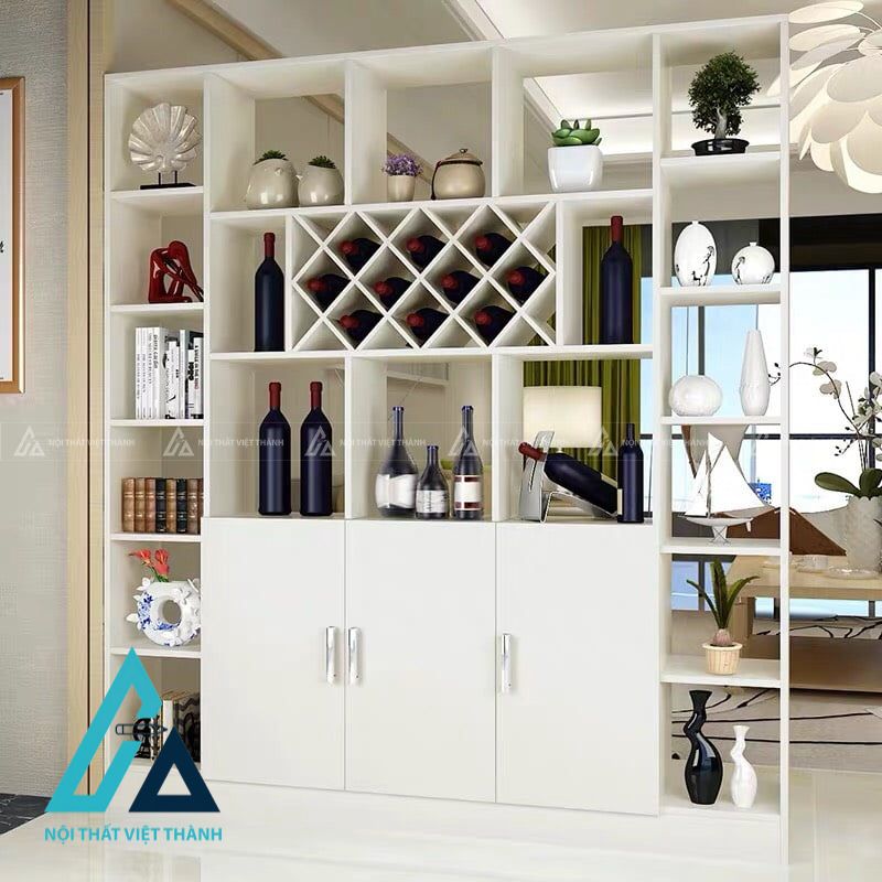 Mẫu tủ rượu trắng lớn kết hợp làm vách trang trí