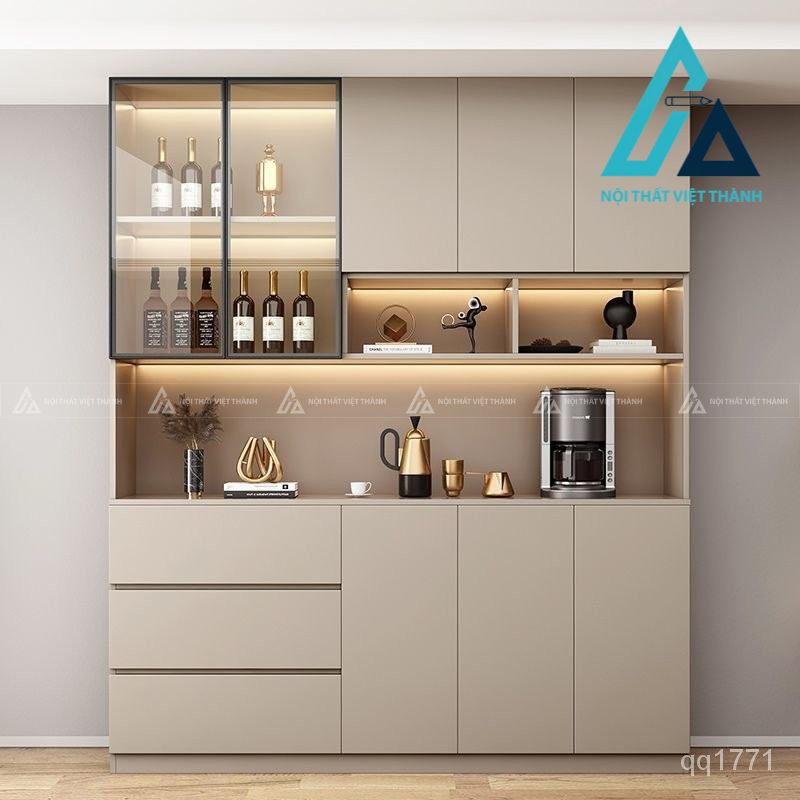 Mẫu tủ rượu màu be kết hợp tủ trang trí và lưu trữ đồ