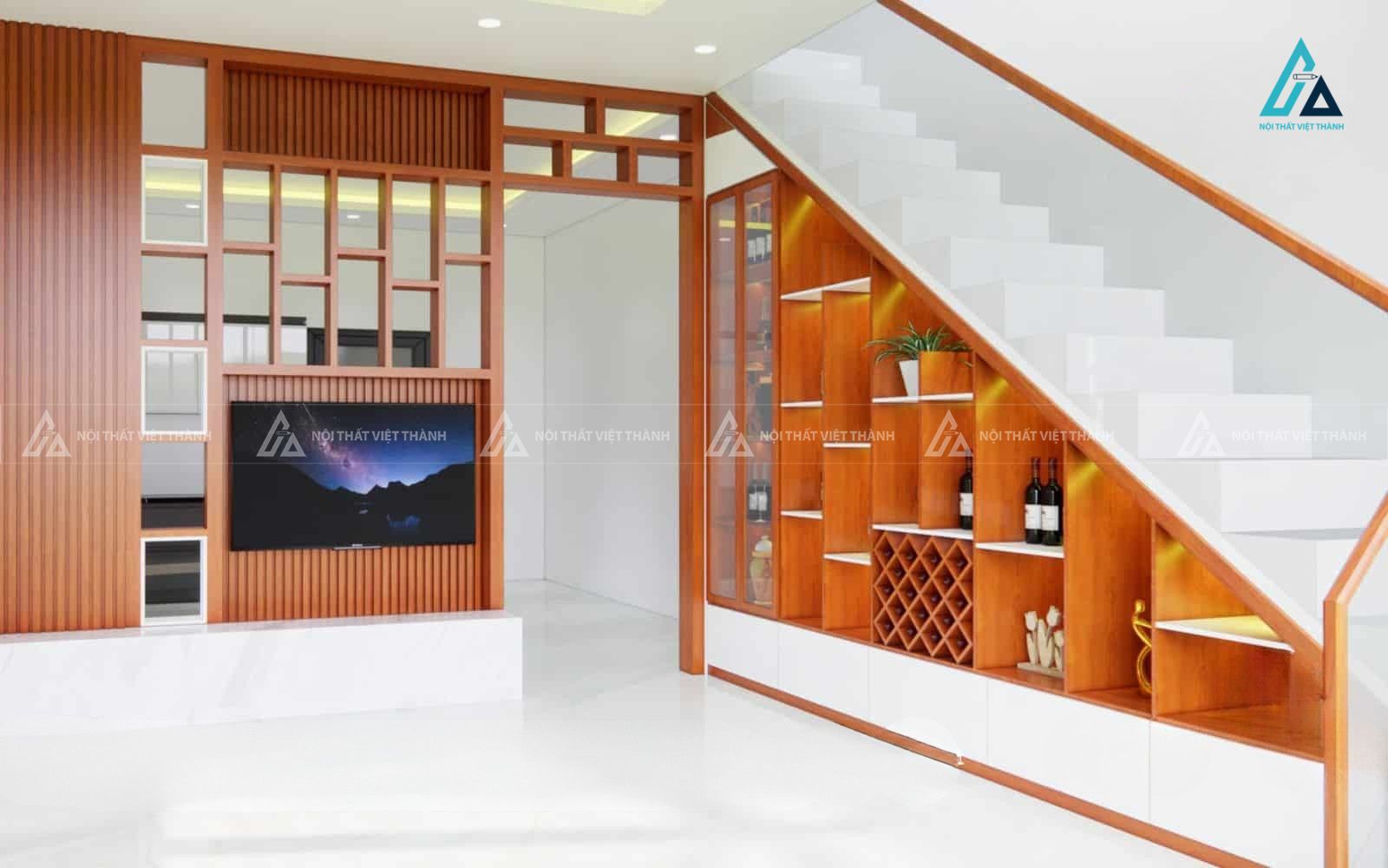 Tủ rượu gầm cầu thang giúp tối ưu diện tích phòng khách đẹp 1